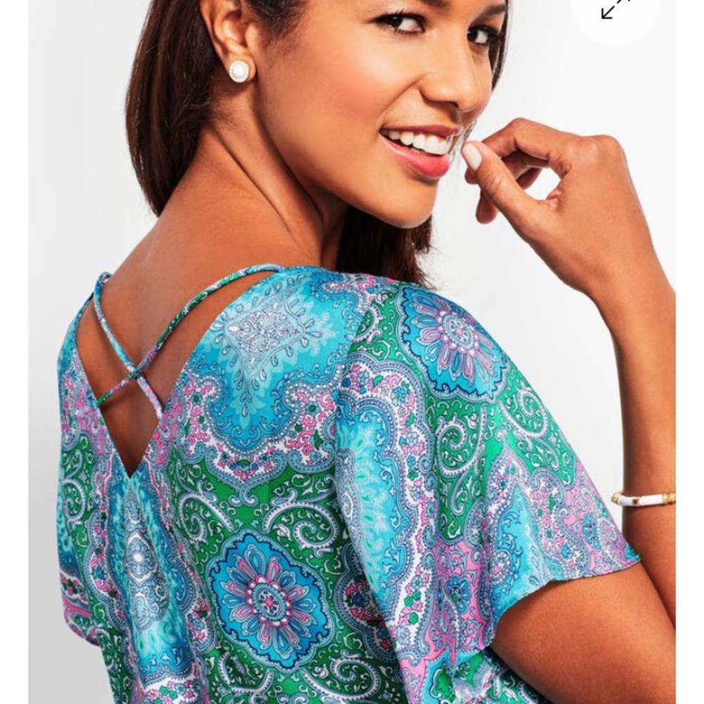 Talbots V Neck Crisscross Back Flutter sleeve Paisley Cottagecore Top EUC